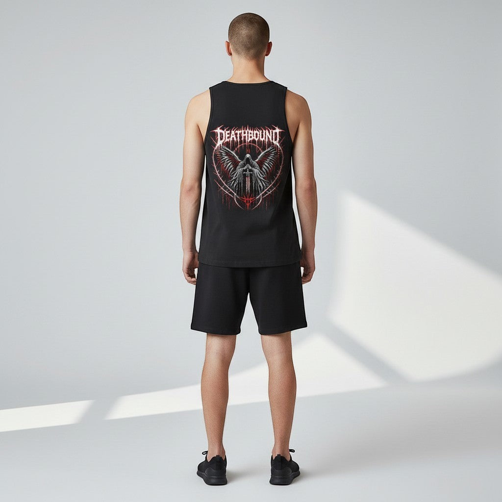 GYM PANTHERS black tank top with Deathbound graphic featuring a grim reaper with wings and sword.