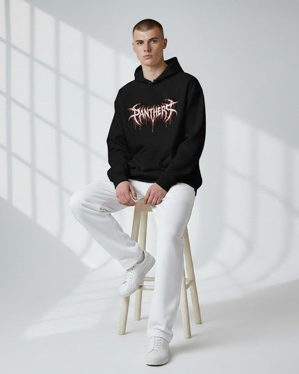 GYM PANTHERS black cotton hoodie with a white graphic logo and dripping typography, worn by a male model with white sweatpants.