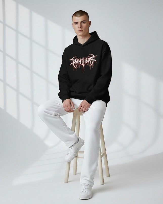 GYM PANTHERS black cotton hoodie with a white graphic logo and dripping typography, worn by a male model with white sweatpants.