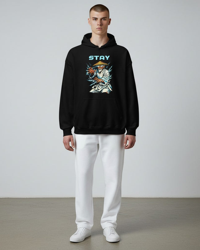 GYM PANTHERS black cotton-blend hoodie with a graphic print of a man in a conical hat surrounded by lightning.