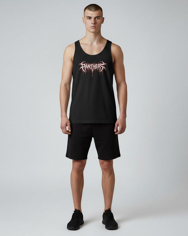 GYM PANTHERS black cotton tank top with white and red 'Panthers' graphic print. Sleeveless design, ideal for training or casual wear.