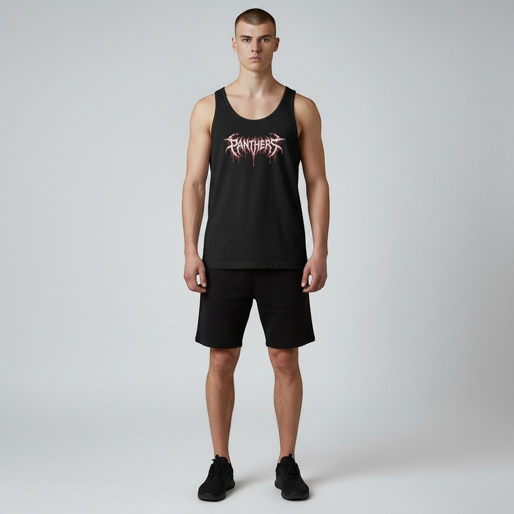 GYM PANTHERS black cotton tank top with white and red 'Panthers' graphic print. Sleeveless design, ideal for training or casual wear.