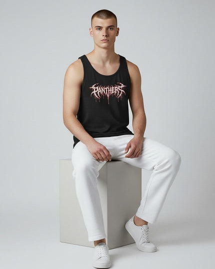 GYM PANTHERS black cotton tank top with white and red 'Panthers' graphic print. Sleeveless, crew neck, designed for training and streetwear.