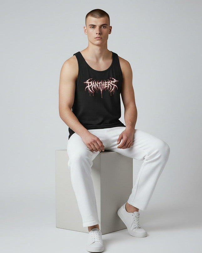 GYM PANTHERS black cotton tank top with white and red 'Panthers' graphic print. Sleeveless, crew neck, designed for training and streetwear.