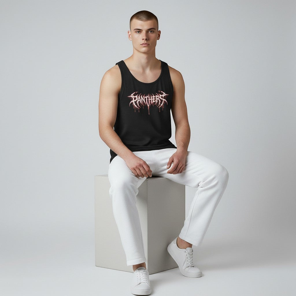 GYM PANTHERS black cotton tank top with white and red 'Panthers' graphic print. Sleeveless, crew neck, designed for training and streetwear.