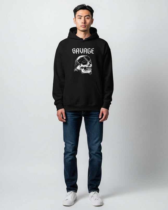 GYM PANTHERS black IronVein hoodie with "SAVAGE" text and skull graphic wearing a bandana.