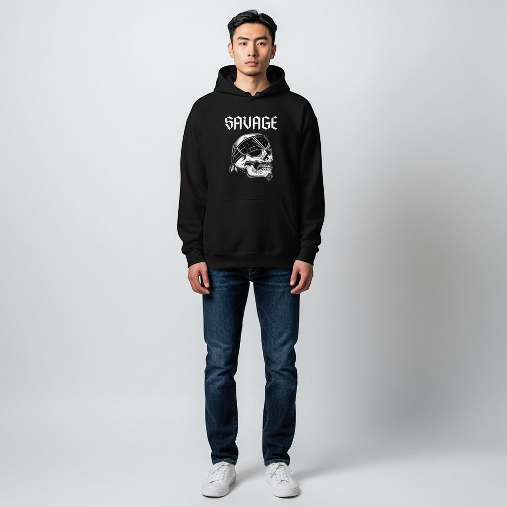 GYM PANTHERS black IronVein hoodie with "SAVAGE" text and skull graphic wearing a bandana.