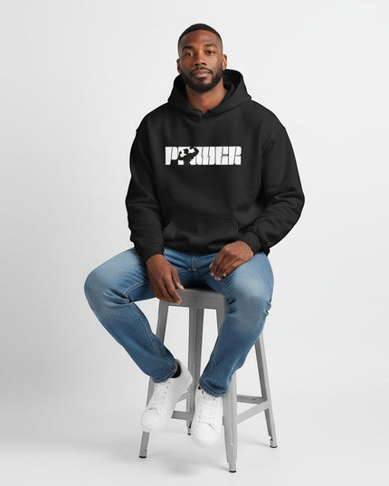 GYM PANTHERS black cotton-poly blend pullover hoodie with white 'POWER' graphic featuring a bodybuilder silhouette.