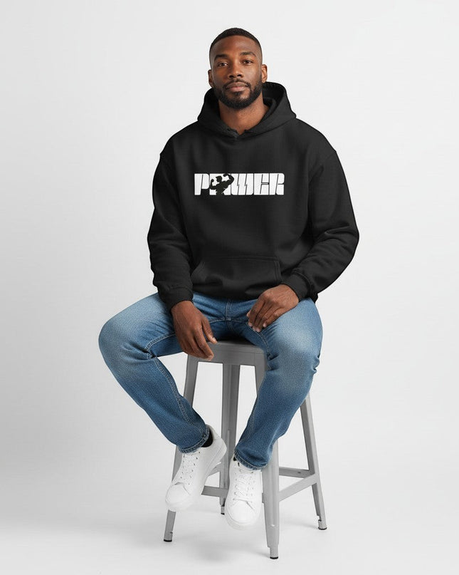 GYM PANTHERS black cotton-poly blend pullover hoodie with white 'POWER' graphic featuring a bodybuilder silhouette.