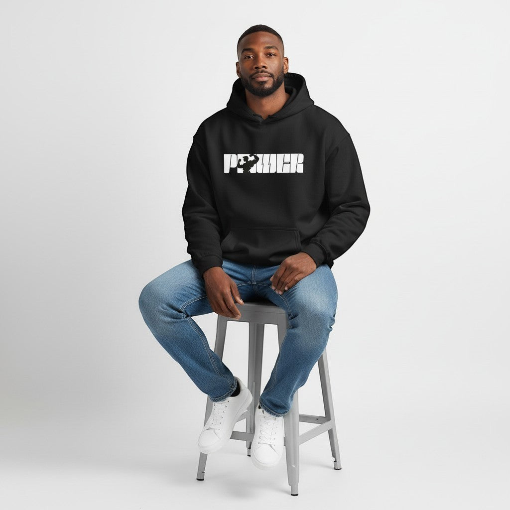 GYM PANTHERS black cotton-poly blend pullover hoodie with white 'POWER' graphic featuring a bodybuilder silhouette.