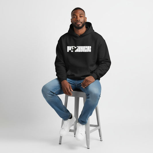 GYM PANTHERS black cotton-poly blend pullover hoodie with white 'POWER' graphic featuring a bodybuilder silhouette.