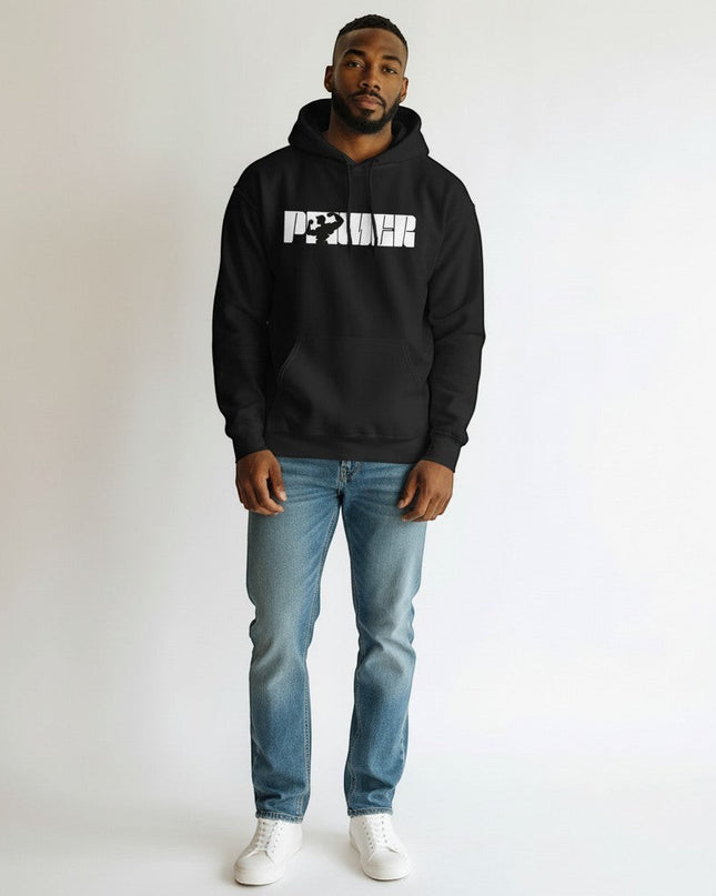 GYM PANTHERS black cotton-blend pullover hoodie with white "POWER" graphic featuring a bodybuilder silhouette.