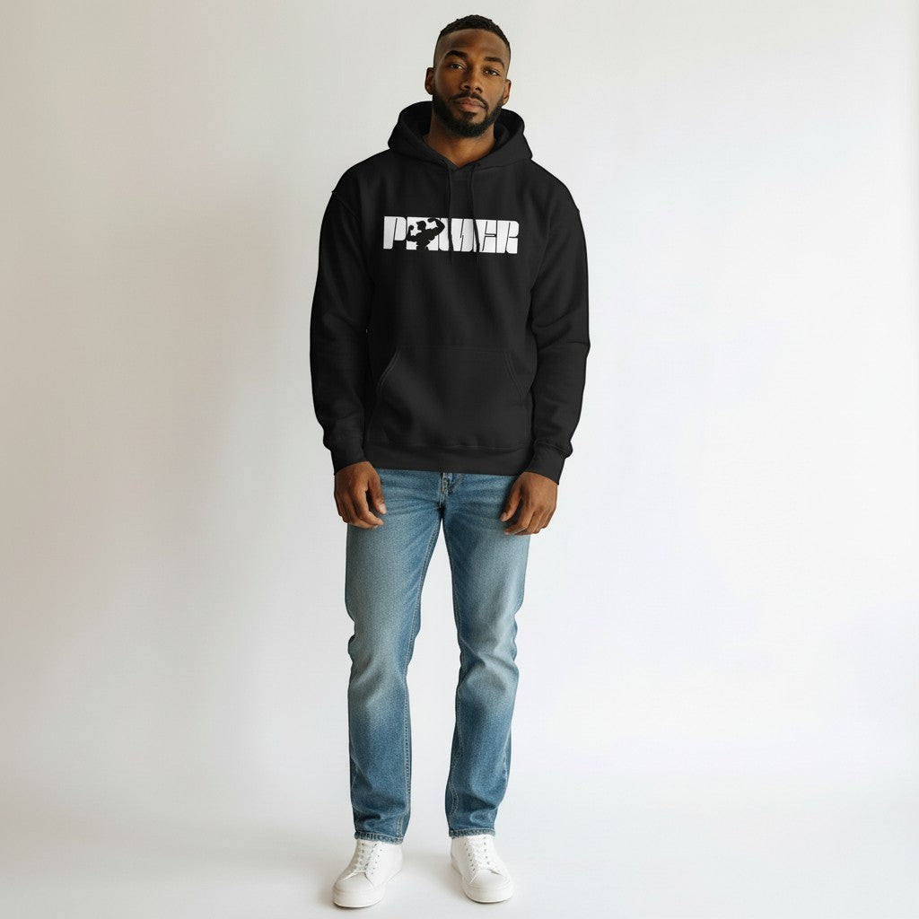 GYM PANTHERS black cotton-blend pullover hoodie with white "POWER" graphic featuring a bodybuilder silhouette.