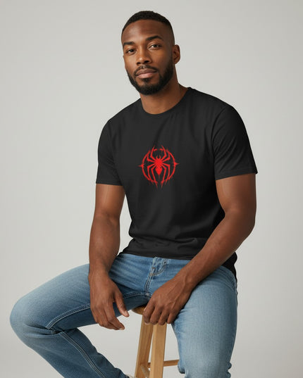 GYM PANTHERS black t-shirt with a red spider graphic on the chest. Short sleeves, crew neck, 100% cotton.