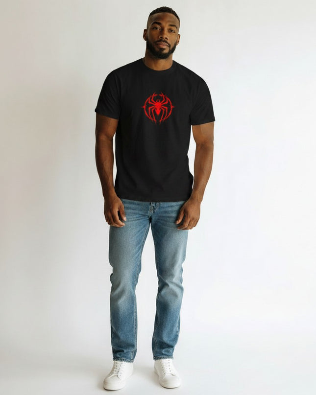 GYM PANTHERS black cotton t-shirt with a red spider graphic on the chest. Short sleeves and crew neck.