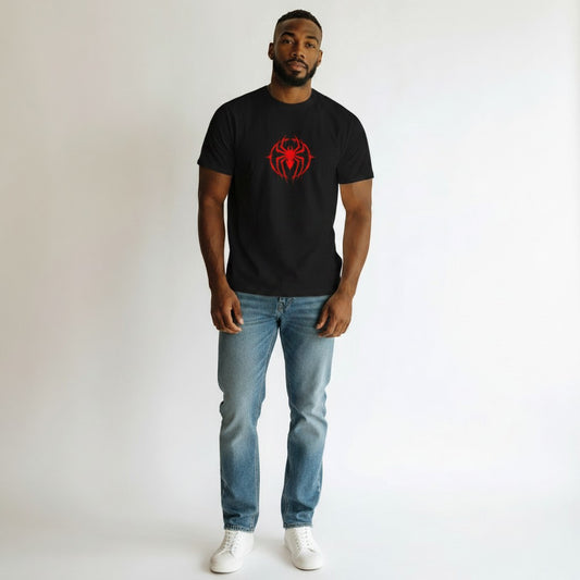 GYM PANTHERS black cotton t-shirt with a red spider graphic on the chest. Short sleeves and crew neck.