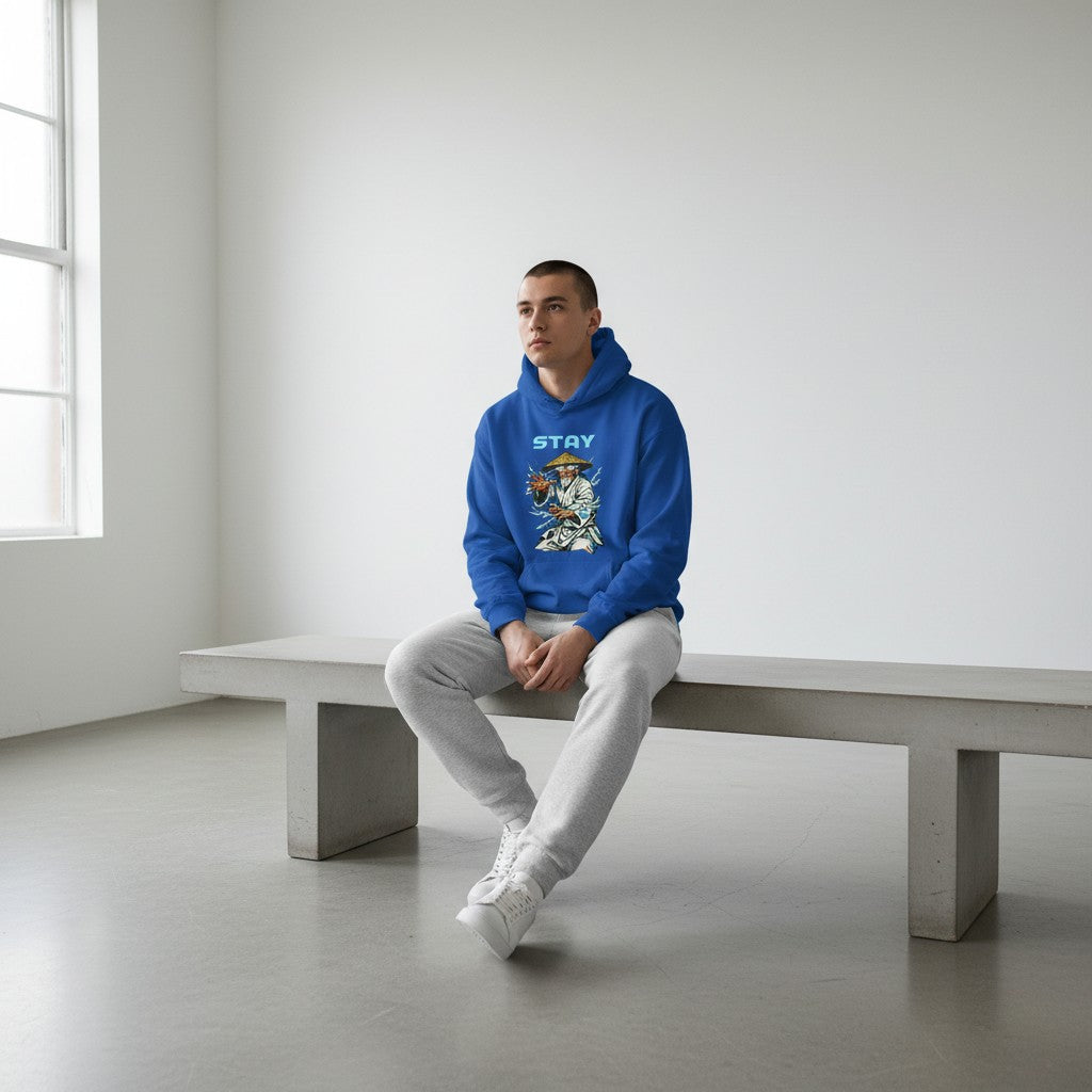 GYM PANTHERS blue cotton-blend hoodie with a graphic print of an old man with a straw hat and lightning.