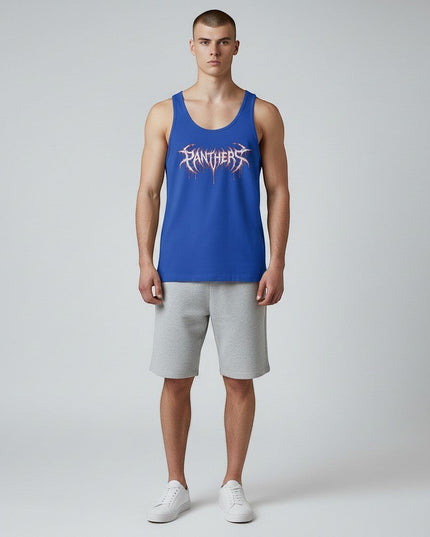 GYM PANTHERS blue 100% cotton tank top with white and red 'Panthers' graphic print. Sleeveless, crew neck, perfect for training or casual wear.