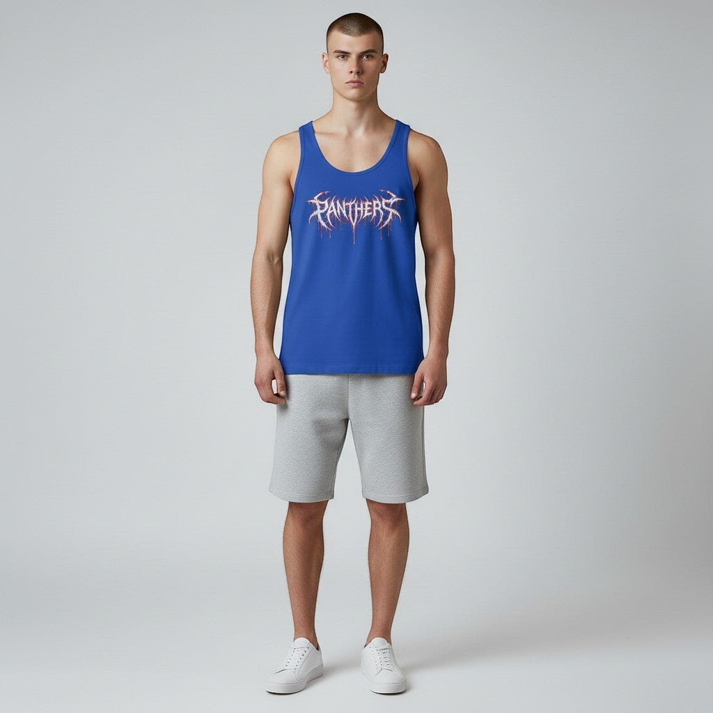 GYM PANTHERS blue 100% cotton tank top with white and red 'Panthers' graphic print. Sleeveless, crew neck, perfect for training or casual wear.
