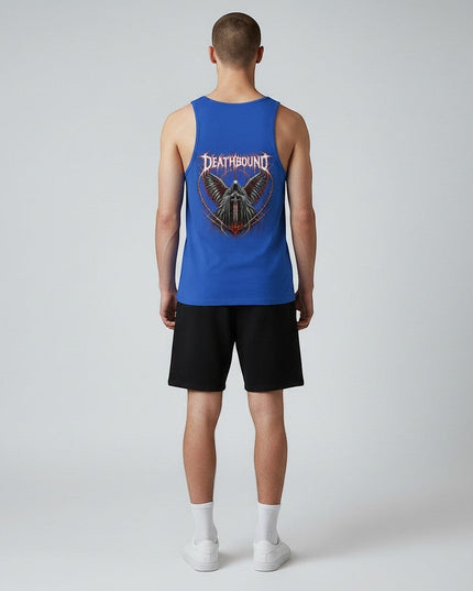 GYM PANTHERS blue graphic tank top with Deathbound logo and fallen angel graphic. Sleeveless, crew neck, perfect for training or casual wear.