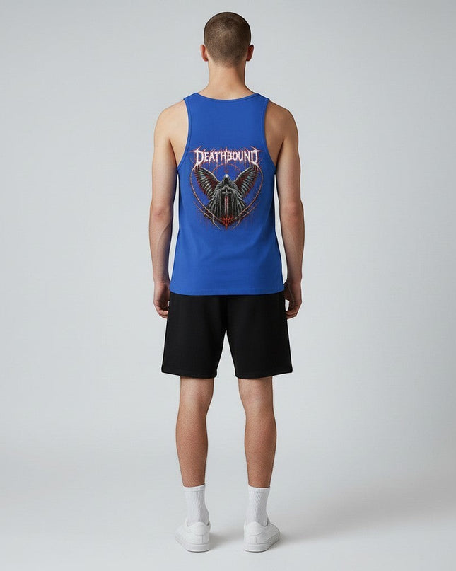 GYM PANTHERS blue graphic tank top with Deathbound logo and fallen angel graphic. Sleeveless, crew neck, perfect for training or casual wear.