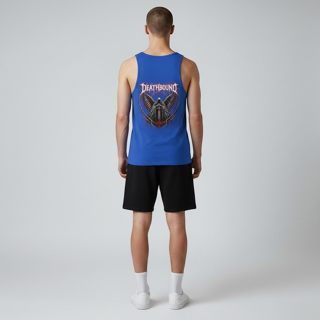 GYM PANTHERS blue graphic tank top with Deathbound logo and fallen angel graphic. Sleeveless, crew neck, perfect for training or casual wear.
