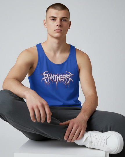 GYM PANTHERS blue 100% cotton tank top with white and red graphic logo on chest. Sleeveless, crew neck, athletic fit.