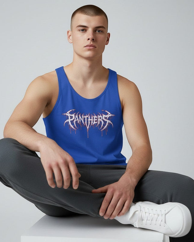 GYM PANTHERS blue 100% cotton tank top with white and red graphic logo on chest. Sleeveless, crew neck, athletic fit.