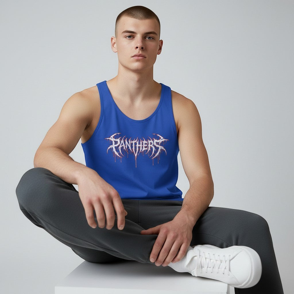 GYM PANTHERS blue 100% cotton tank top with white and red graphic logo on chest. Sleeveless, crew neck, athletic fit.