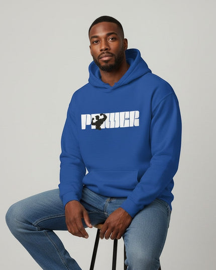 GYM PANTHERS blue cotton-poly blend pullover hoodie with white 'POWER' graphic and muscular silhouette.