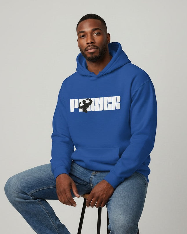 GYM PANTHERS blue cotton-poly blend pullover hoodie with white 'POWER' graphic and muscular silhouette.