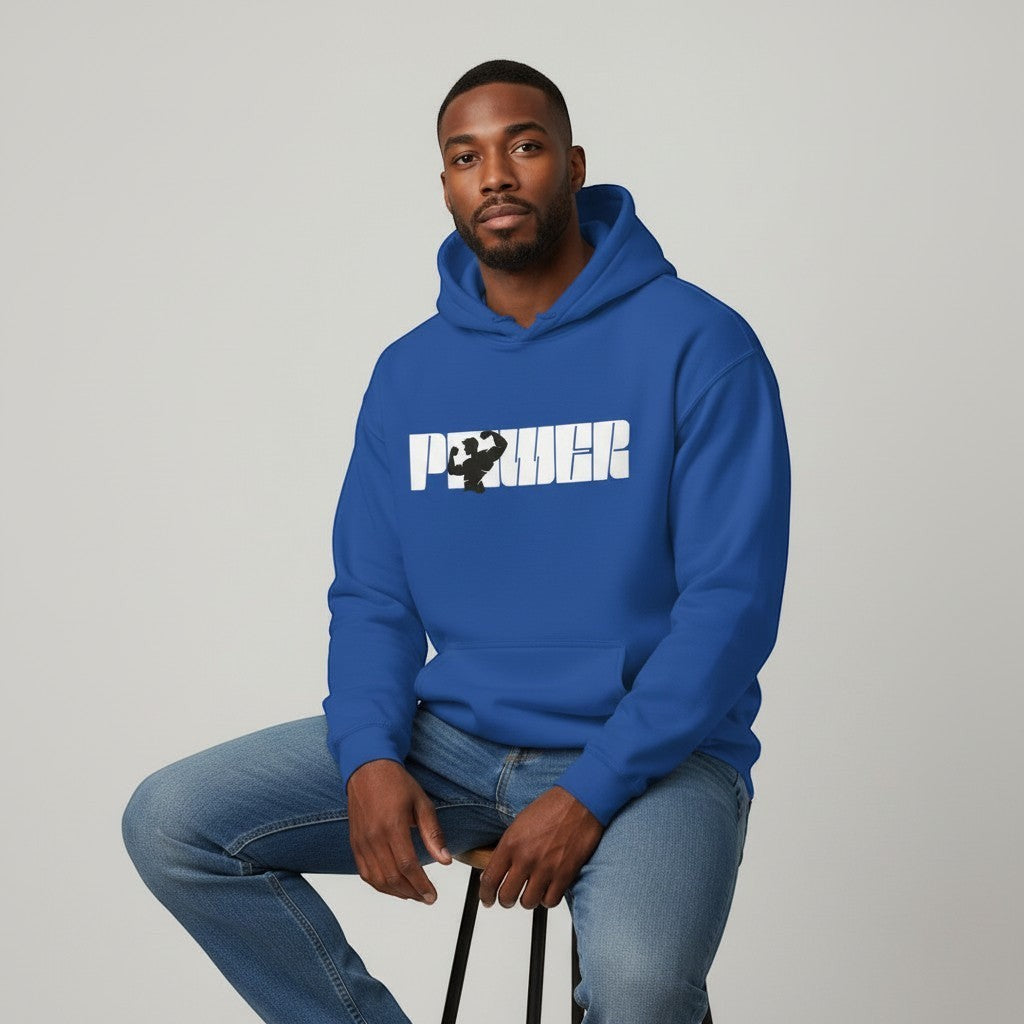 GYM PANTHERS blue cotton-poly blend pullover hoodie with white 'POWER' graphic and muscular silhouette.