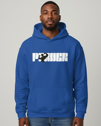 GYM PANTHERS blue cotton-poly blend pullover hoodie with white 'POWER' graphic featuring a black silhouette of a bodybuilder.
