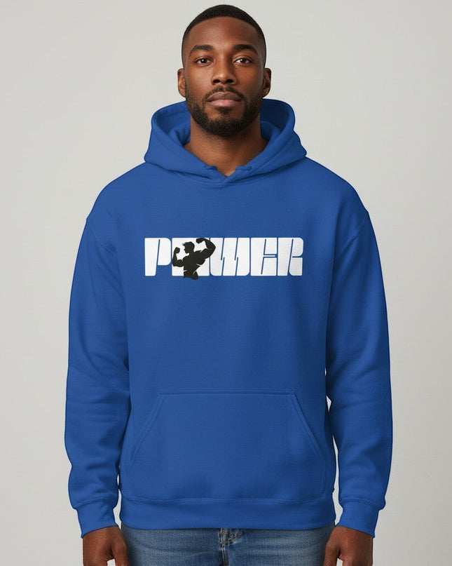 GYM PANTHERS blue cotton-poly blend pullover hoodie with white 'POWER' graphic featuring a black silhouette of a bodybuilder.