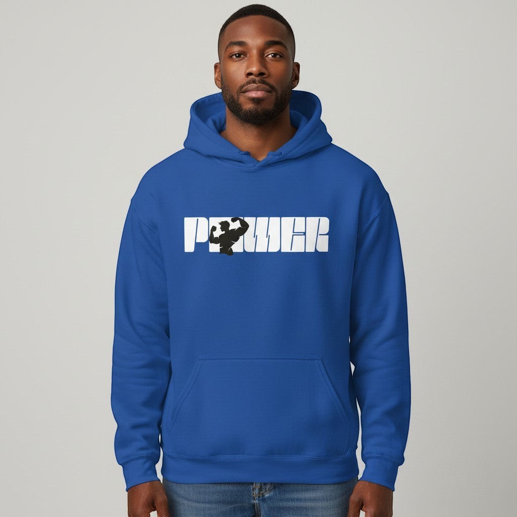GYM PANTHERS blue cotton-poly blend pullover hoodie with white 'POWER' graphic featuring a black silhouette of a bodybuilder.