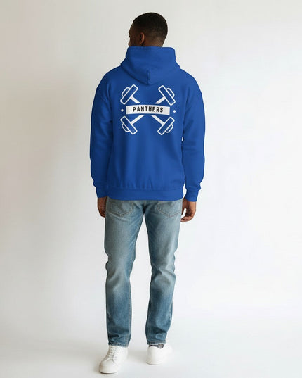 GYM PANTHERS blue cotton-poly blend pullover hoodie with crossed dumbbells and Panthers logo on back.