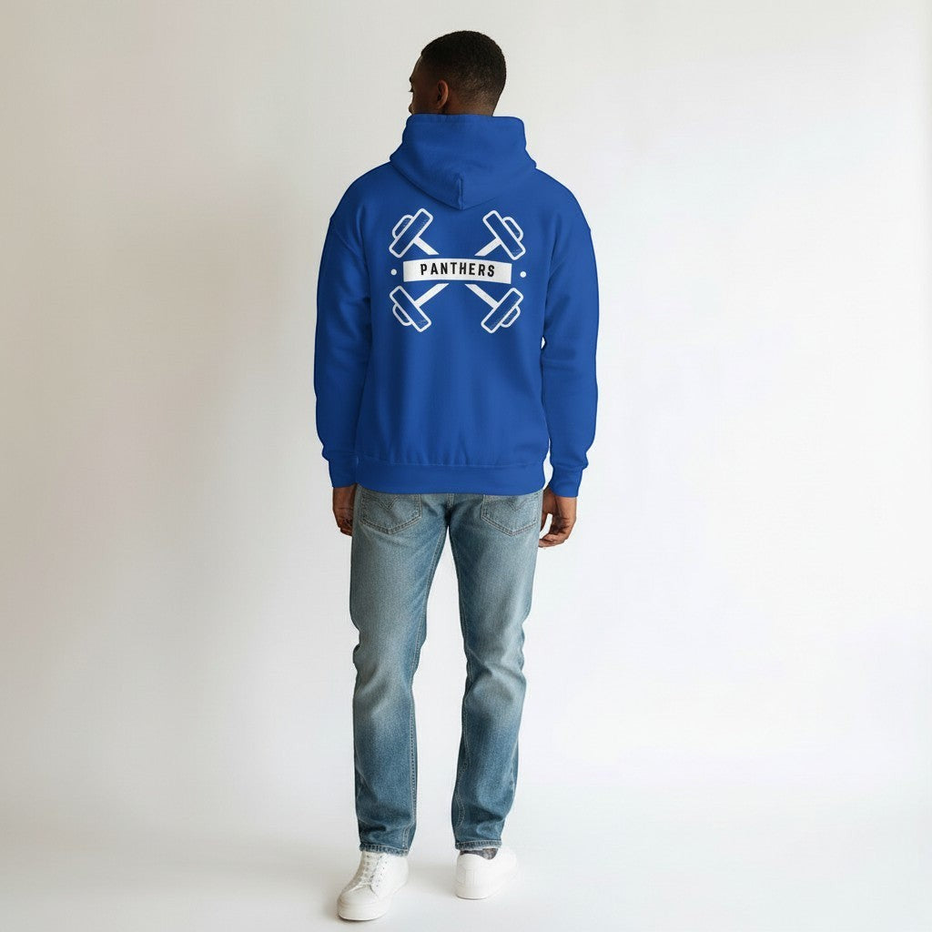 GYM PANTHERS blue cotton-poly blend pullover hoodie with crossed dumbbells and Panthers logo on back.