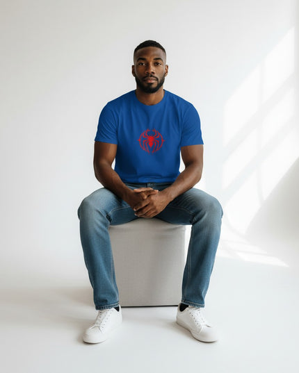GYM PANTHERS blue cotton t-shirt with a red spider graphic on the chest. Short sleeves, crew neck.