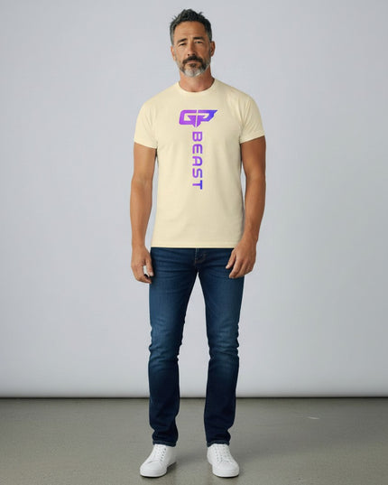 GYM PANTHERS cream t-shirt with vertical gradient 'BEAST' logo and GP graphic.