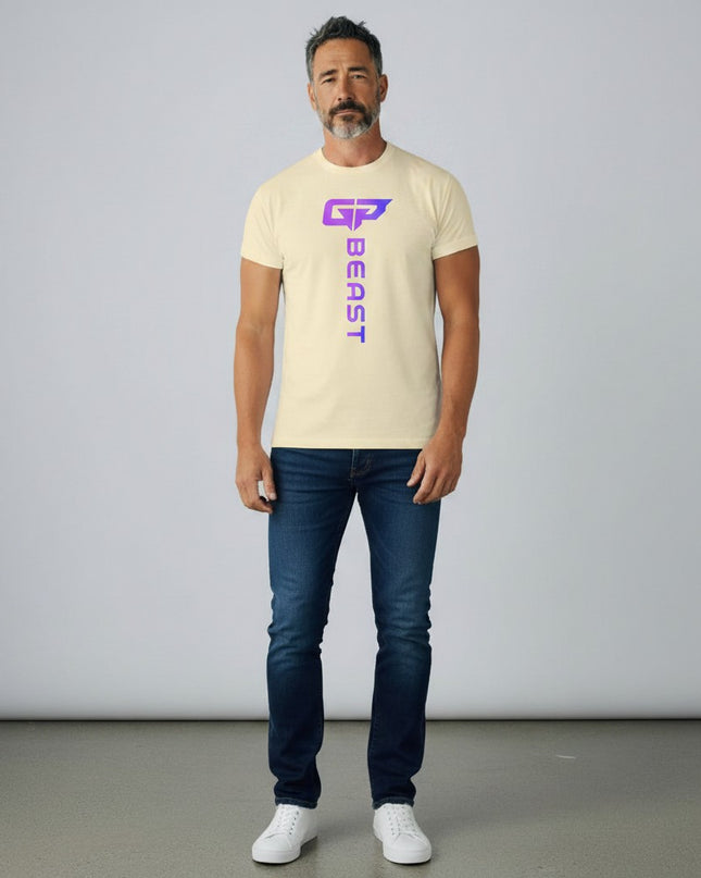 GYM PANTHERS cream t-shirt with vertical gradient 'BEAST' logo and GP graphic.