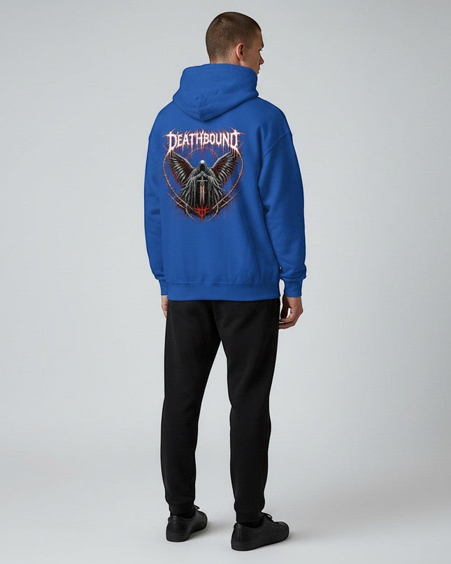 GYM PANTHERS blue graphic hoodie with a dark, winged figure holding a sword and dripping typography.