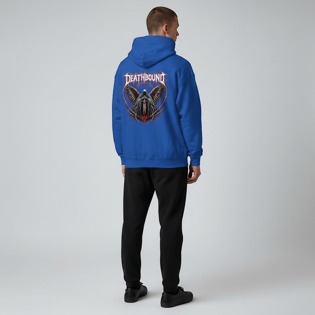 GYM PANTHERS blue graphic hoodie with a dark, winged figure holding a sword and dripping typography.