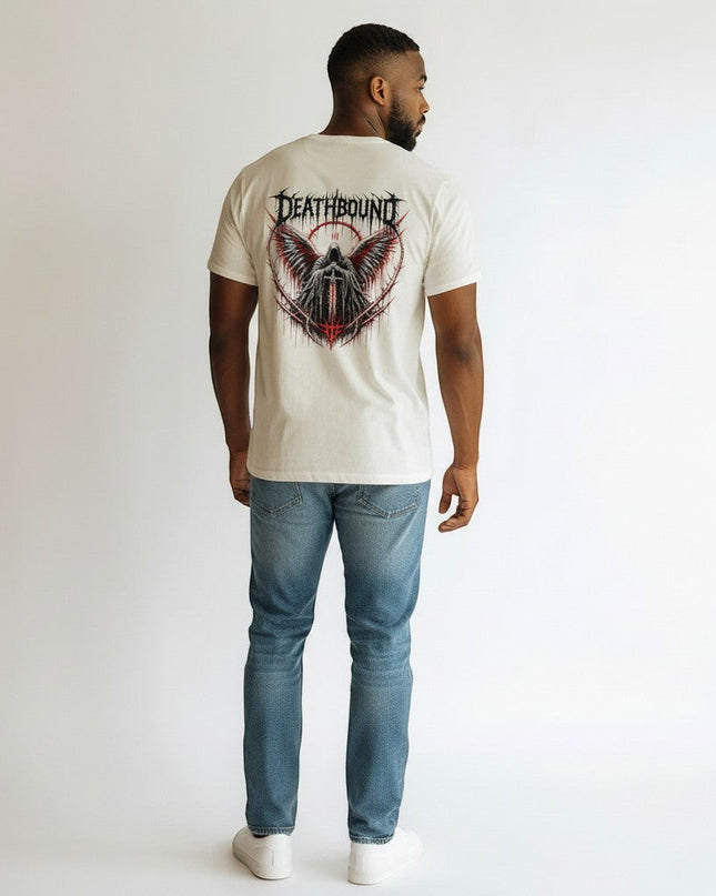 White 100% cotton t-shirt with a graphic print of a hooded figure with wings and a sword, featuring the word DEATHBOUND. GYM PANTHERS.