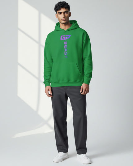 GYM PANTHERS green unisex hoodie with vertical purple gradient 'BEAST' logo and graphic on chest.