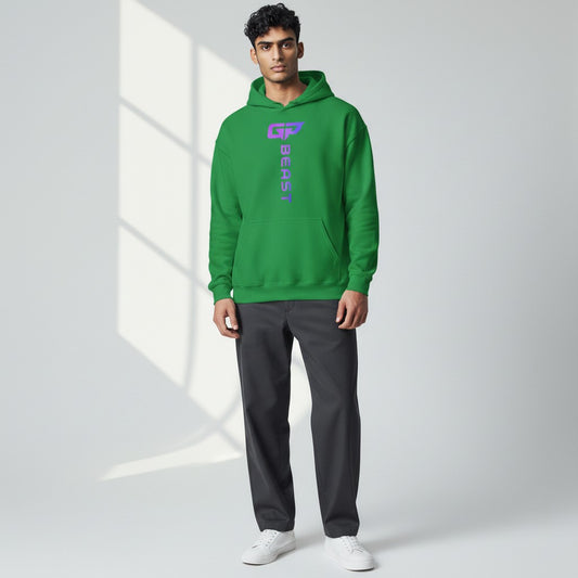 GYM PANTHERS green unisex hoodie with vertical purple gradient 'BEAST' logo and graphic on chest.