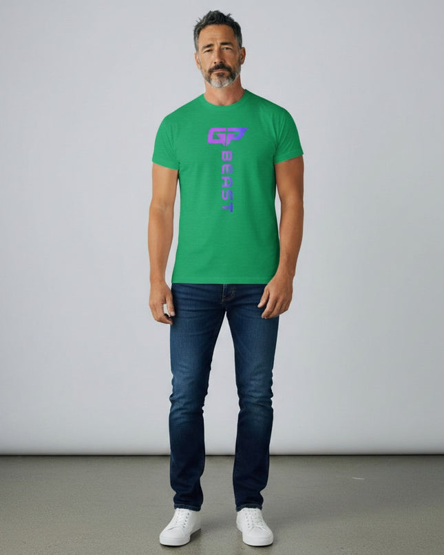 GYM PANTHERS green heather t-shirt with vertical purple gradient 'BEAST' logo and GP graphic.