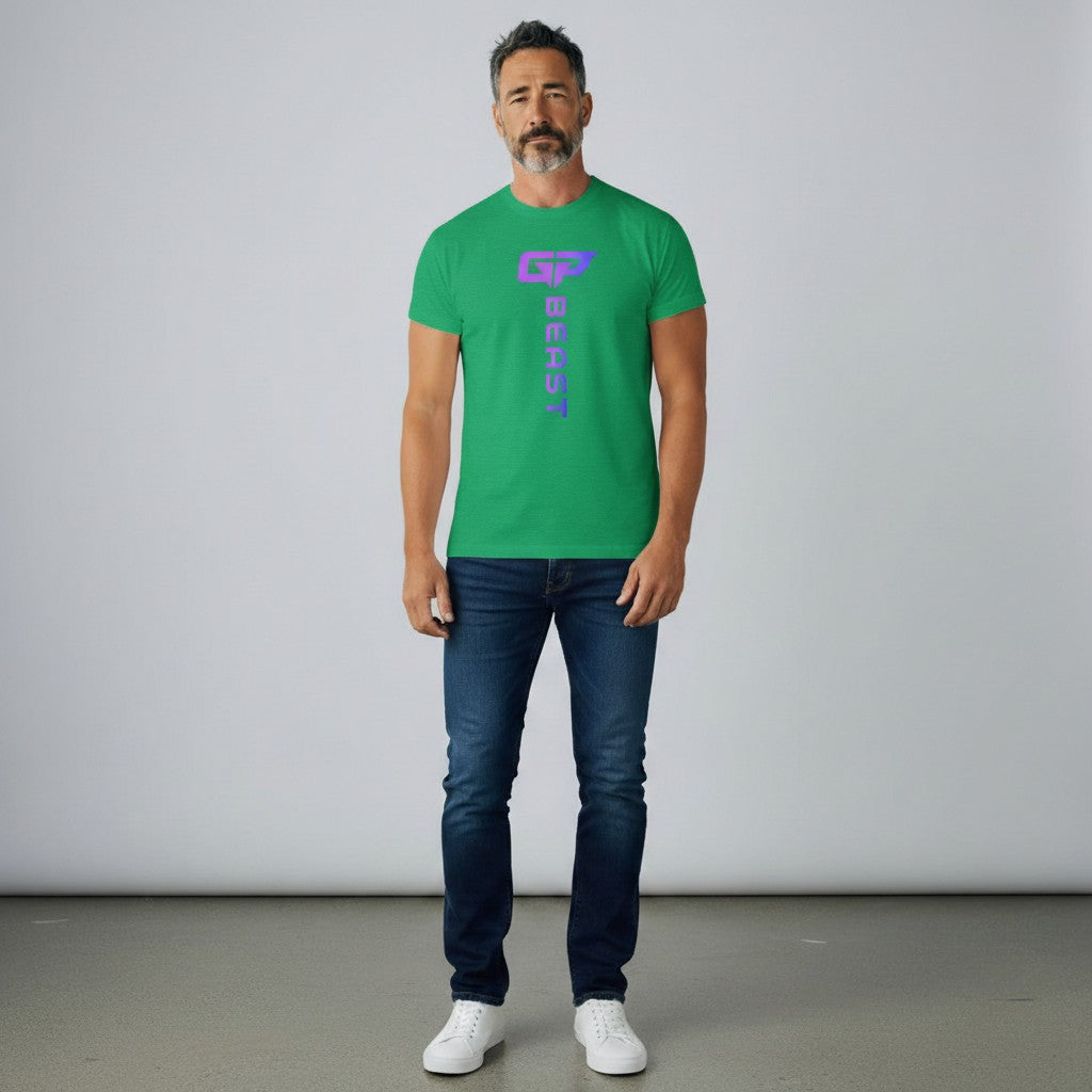 GYM PANTHERS green heather t-shirt with vertical purple gradient 'BEAST' logo and GP graphic.