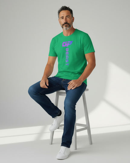 GYM PANTHERS green heathered t-shirt with vertical purple gradient 'BEAST' logo and GP graphic.
