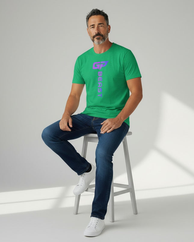 GYM PANTHERS green heathered t-shirt with vertical purple gradient 'BEAST' logo and GP graphic.