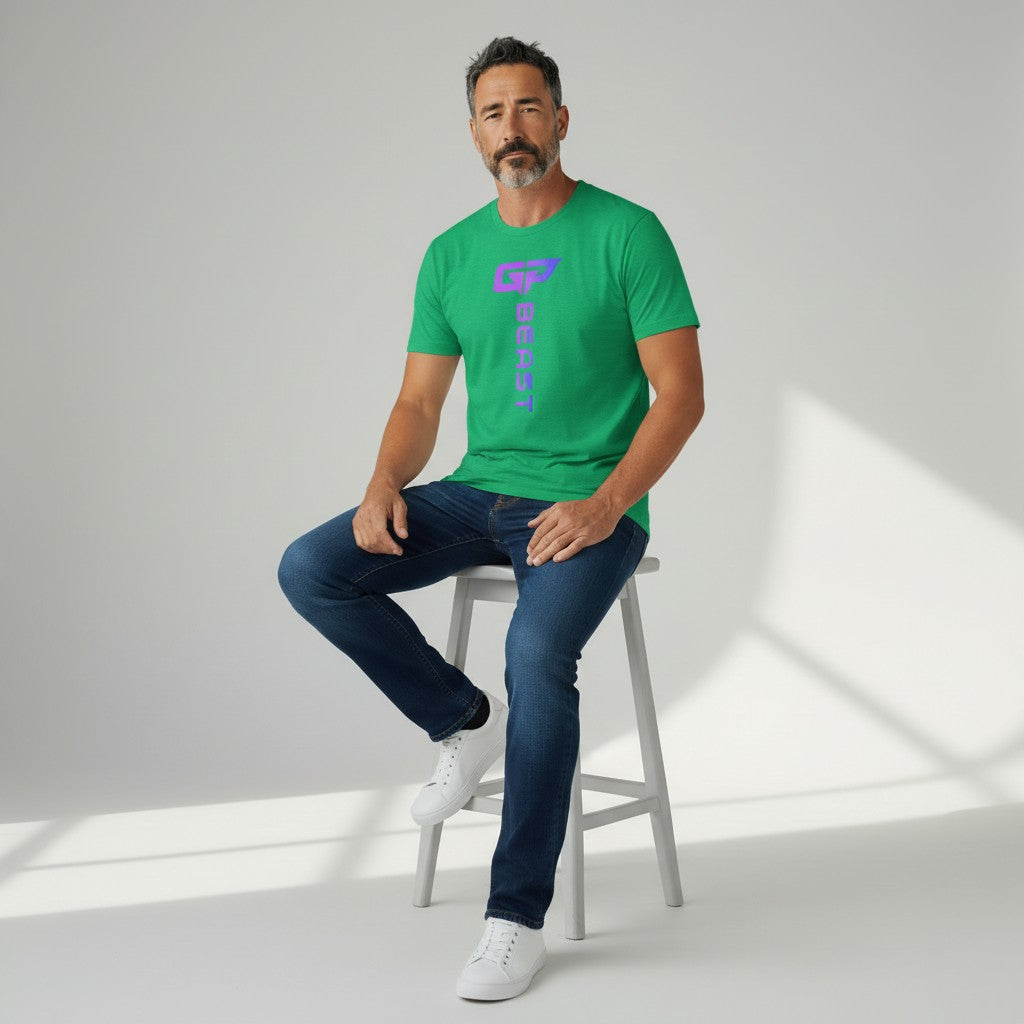 GYM PANTHERS green heathered t-shirt with vertical purple gradient 'BEAST' logo and GP graphic.